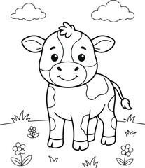 Obraz premium Cute spotted calf standing in a meadow, coloring page for kids