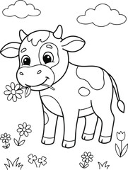 Obraz premium Cute cartoon cow eating a flower in a meadow, coloring page for kids