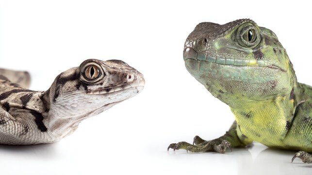 Two lizards facing each other on white background studio shot