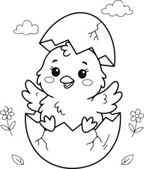 Obraz premium Cute baby chick hatching from an egg, coloring page for kids