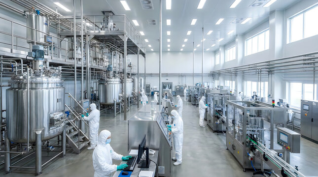 Large scale chemical production facility with workers in clean suits.