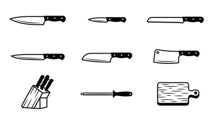 Fototapeta premium A collection of kitchen knives, a knife block, a sharpening steel, and a cutting board in a black and white iconic style.