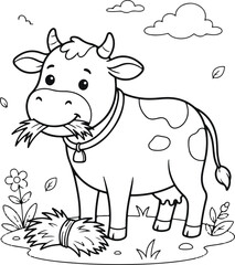 Obraz premium Cute cartoon cow eating hay in a field, coloring page for kids