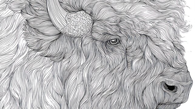 Detailed monochrome illustration of a bison with textured fur and intricate lines
