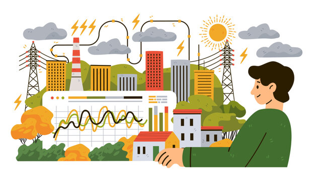 Heatwave Europe peak electricity demand power grid cityscape energy consumption chart sun clouds transmission towers summer urban landscape