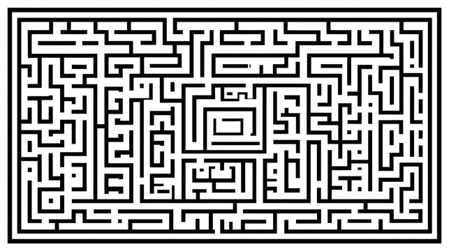 Complex maze puzzle illustration in black and white with many pathways