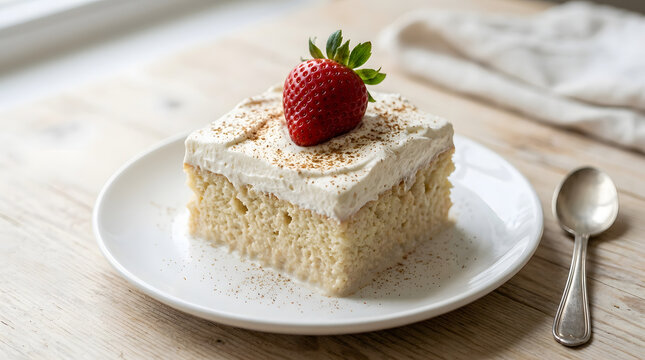 Slice of tres leches cake topped with fresh strawberry on white plate