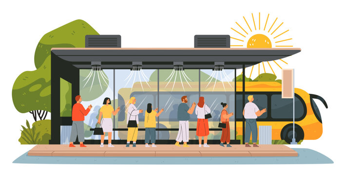 Heatwave Europe cooling bus stop urban summer people waiting under misting system sun yellow bus green trees modern city
