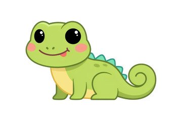 Fototapeta premium Cute cartoon green lizard character with large black eyes and pink cheeks, standing in profile, isolated on a white background, style