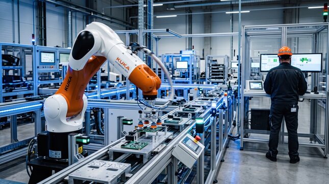 Industrial robotic arm assembling circuit boards on automated production line in modern smart factory, worker monitoring process via HMI panel, Industry 4.0 automation
