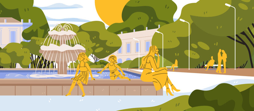 Heatwave Europe public fountain cooling summer park people relaxing near water children playing trees bright sun urban landscape