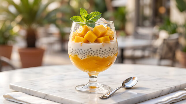 Mango dessert in a glass. Tropical fruit pudding with tapioca pearls and fresh mint.