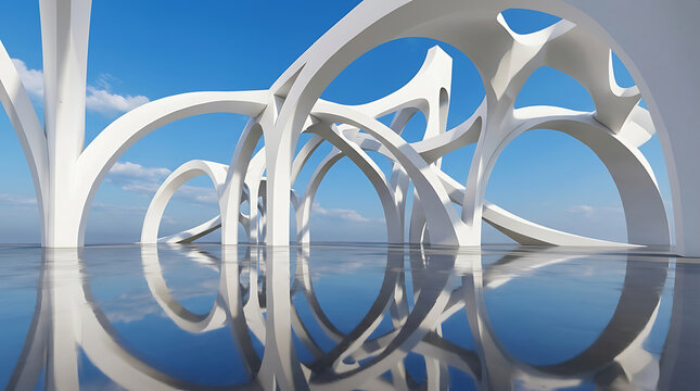 Abstract 3D blue and white architectural pattern background. Geometric spiral parametric structure under blue sky, perfect for modern corporate presentations and real estate