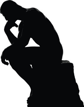 The Thinker statue black silhouette vector illustration showing a sitting man deep in philosophical thought isolated on white background
