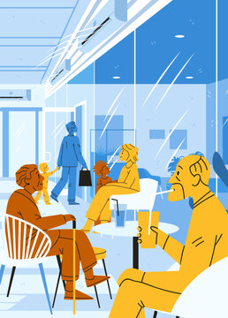 Heatwave Europe cooling center people relaxing indoors air conditioning diverse group drinking water sitting modern waiting area blue yellow