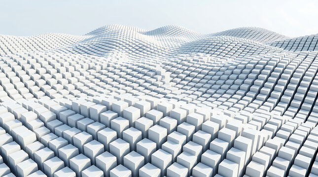 Abstract 3D render of a waving landscape made of repeating white geometric cubes with clean shadows. Ideal for crypto, tech, and data science
