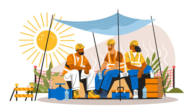 Heatwave Europe construction worker summer sun safety rest team sitting under shade drinking water high temperature outdoor worksite