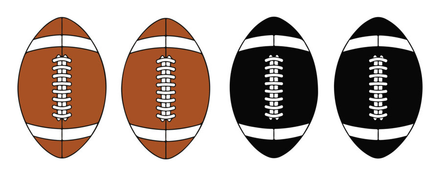 American football ball icons collection in brown and black colors showing laces and stripe details.