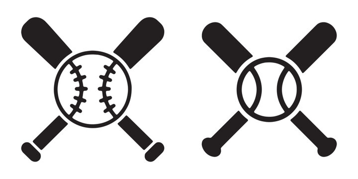 Crossed baseball bats and ball logo icons isolated black vector graphics for sport team competition.