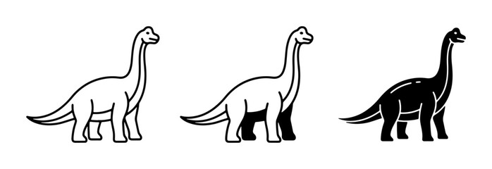 Dinosaur Icons Set, Brontosaurus Vector Graphics, Prehistoric Animal Illustrations, Silhouette and Outline Styles © safi