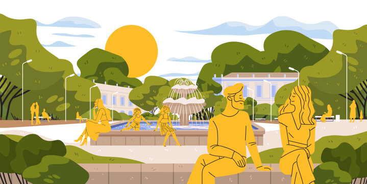 Heatwave Europe and public fountain cooling people gather in city park enjoying water under hot sun trees buildings summer outdoor scene