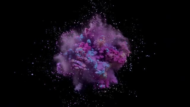 Explosion of Vibrant Purple and Pink Powder Against a Black Background.
