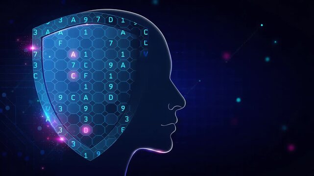 Cyber security concept with glowing shield containing alphanumeric code grid protecting human head line profile