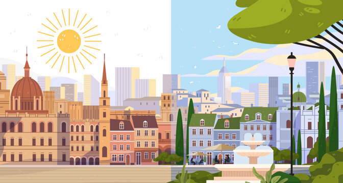 Heatwave Europe and climate adaptation before and after cityscape split showing extreme sun dry brown buildings versus green urban park trees fountain cool shade