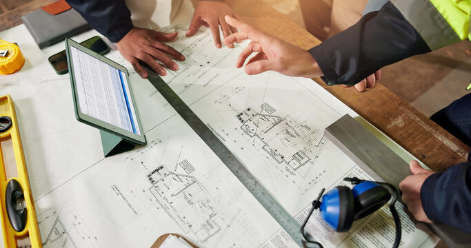 Hands, team or floorplan with tablet screen for architecture, project costing or inventory control. Above, engineer people or blueprint with tech for stock pricing, design evaluation or brainstorming