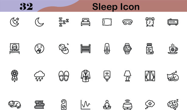 Sleep line icons set. Rest, night and relaxation outline symbols including bed, pillow, eye mask, moon, alarm clock, baby crib, tea, cat, dog and brain. For health apps. Editable stroke vector.