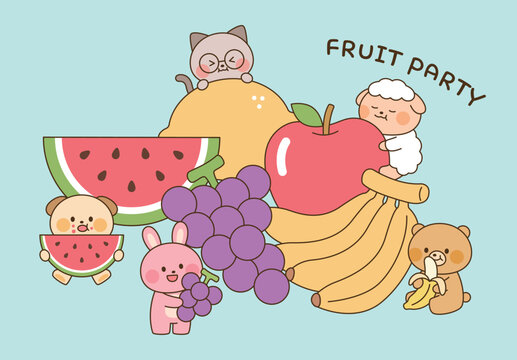 Cute kawaii animals enjoying a colorful fruit party with watermelon, lemon, apple, banana and grapes in a playful flat vector illustration.