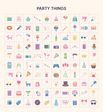 Minimal flat vector set of 100 colorful party icons including birthday decorations, gifts, balloons, cakes, drinks and celebration supplies.