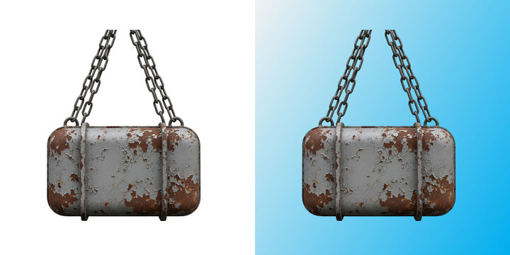 Rusted metal sign hanging on chains in transparent background