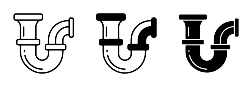 Plumbing P-Trap Icons Set: Clean Line Art, Filled Outline, and Solid Black Vector Graphics for Drainage Systems and Water Flow Concepts