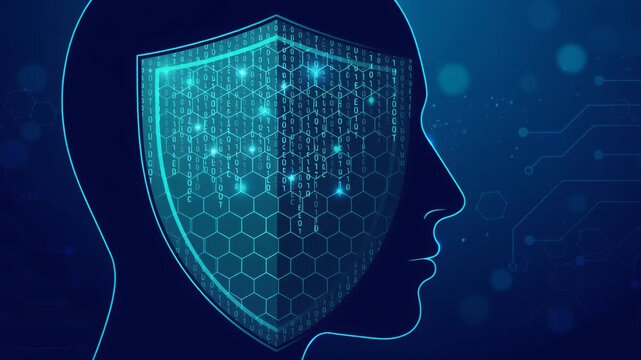 Cyber security concept with human head profile and luminous protective shield filled with binary code and hexagon grid, artificial intelligence data privacy vector background