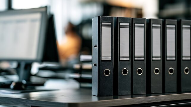 Row of black office binders on a desk. Professional data organization and business administration concept.