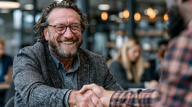 Successful employment interview with business executive shaking hands with a newly hired candidate, modern office interior, realistic commercial photography