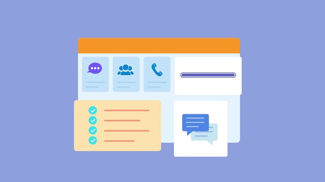 Flat vector animated customer support dashboard featuring live chat, phone communication, messaging, task management, and workflow interface. Ideal for business, service, and technology motion graphic