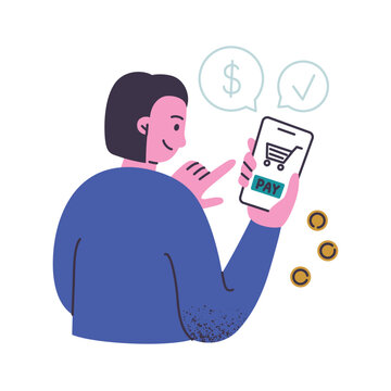 Mobile payment scene, flat cartoon woman holding smartphone with shopping cart and pay button on screen. Online shopping and digital banking, cashless transaction concept, vector illustration