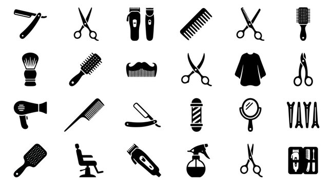 Barbershop and Hair Salon Tools Vector Icon Set, Scissors Razor Clipper Comb Hairdryer Mirror Barber Chair Collection Isolated on White Background for Hairdresser Beauty Parlor Brand Logo Design