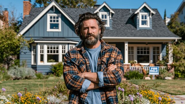 Home buying concept featuring a prospective homeowner standing in front of a beautiful suburban residence under clear blue skies, realistic commercial photography