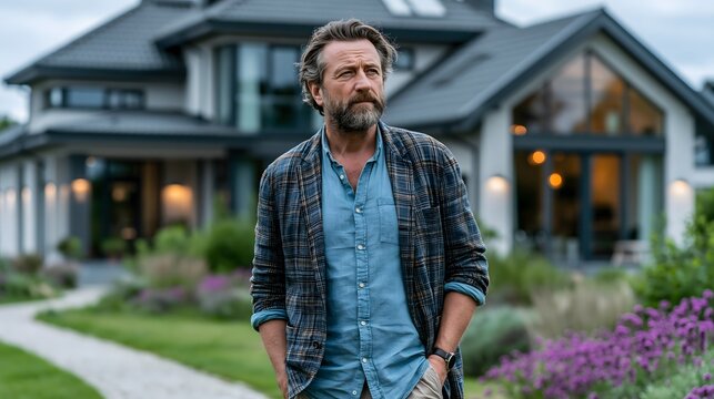 Modern detached house with elegant architecture, buyer inspecting the exterior before making a purchasing decision, premium real estate stock image