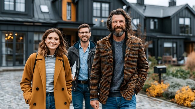 Young couple visiting a modern detached house with a real estate agent during a property tour, premium residential neighborhood, photorealistic stock photography
