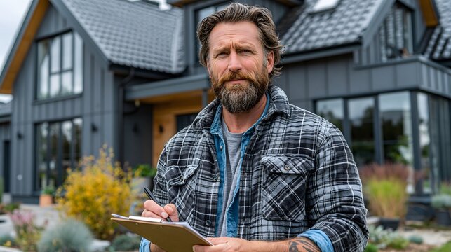 Modern detached house with elegant architecture, buyer inspecting the exterior before making a purchasing decision, premium real estate stock image