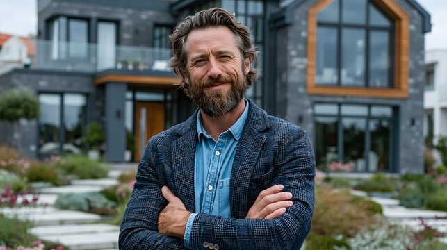 Modern detached house with elegant architecture, buyer inspecting the exterior before making a purchasing decision, premium real estate stock image