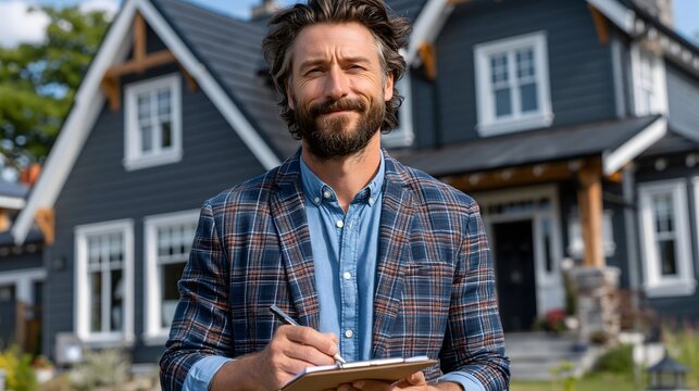 Property viewing concept with a business professional inspecting a newly listed family home, bright daylight and inviting exterior, realistic photography