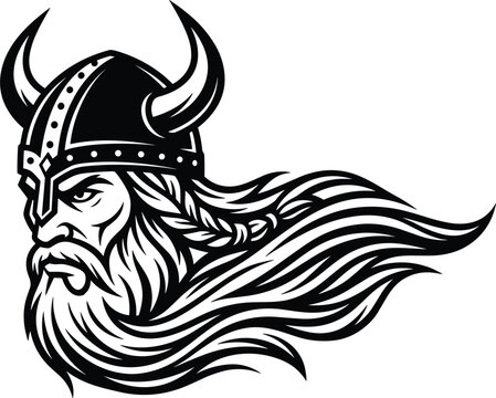 Viking warrior mascot logo vector illustration featuring aggressive bearded norse fighter head profile wearing horned helmet design