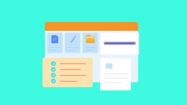 Flat vector animated document management dashboard featuring digital files, folders, reports, task list, and workflow interface. Ideal for business, organization, and productivity motion graphics.