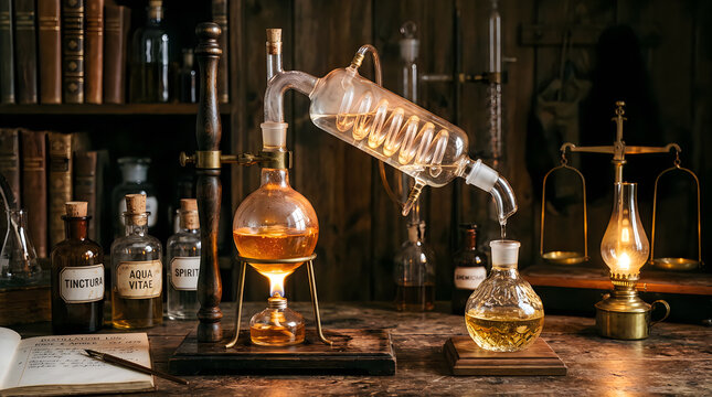 Vintage alchemy laboratory equipment with bubbling glassware distillation apparatus.