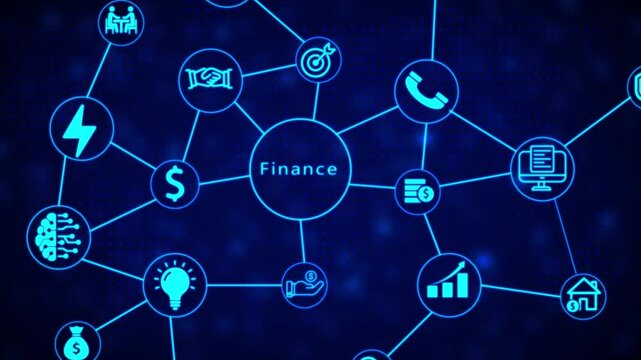 A glowing blue digital mind map diagram illustrating financial concepts and business connections on a dark dotted background with interconnected nodes and representing money, technology